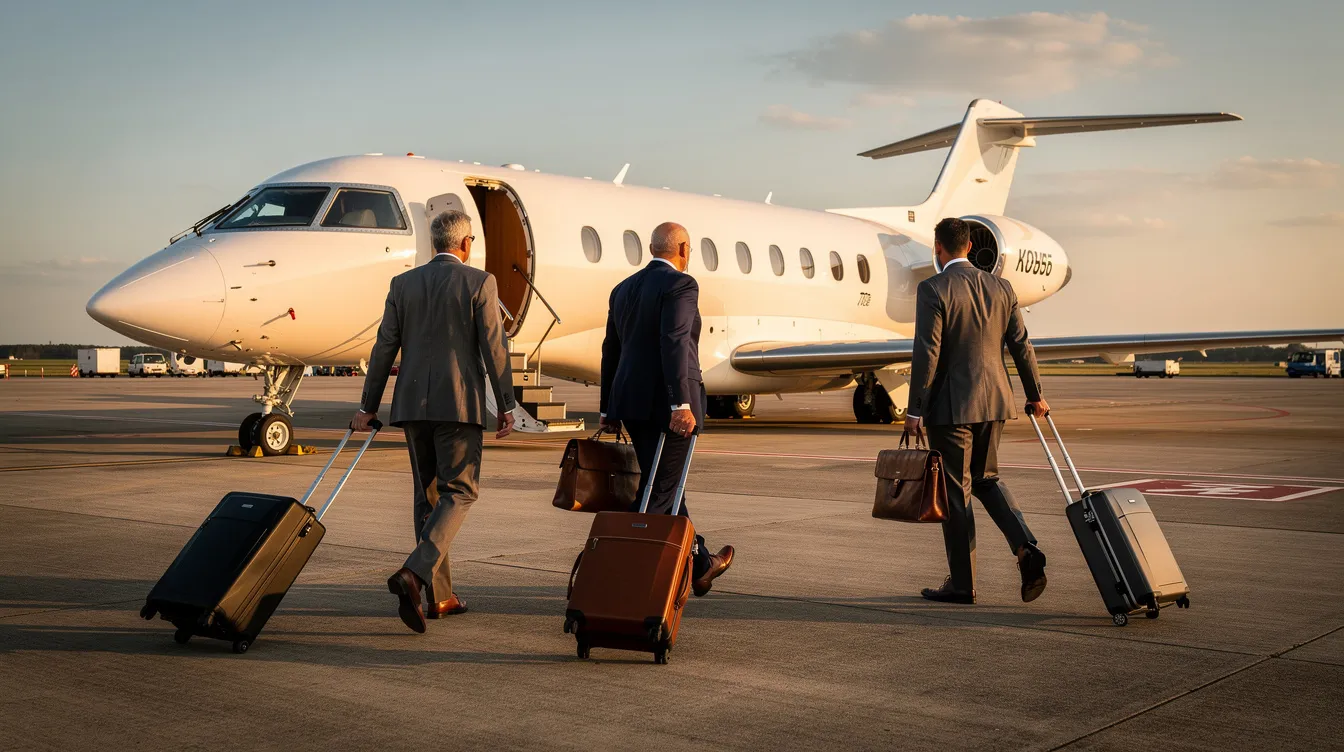 A group of business travelers is walking toward a private jet on the tarmac, ready for their private flight. The scene highlights the luxury of private aviation, showcasing the convenience and efficiency of flying private compared to commercial airlines.