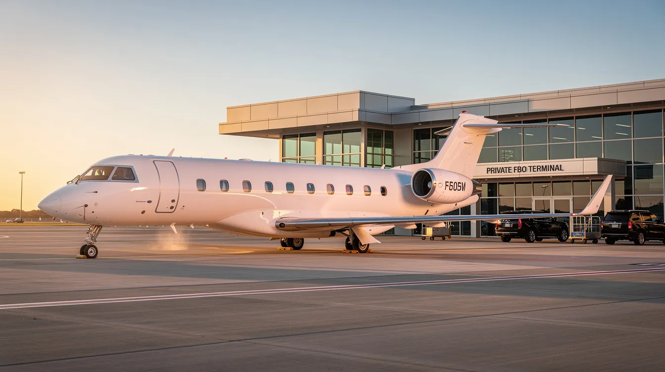 A sleek business jet is parked on the tarmac at a private Fixed Base Operator (FBO) terminal, showcasing its streamlined design and engine power. This private aviation aircraft is ready for takeoff, highlighting the performance limits and fuel efficiency that distinguish it from commercial planes.