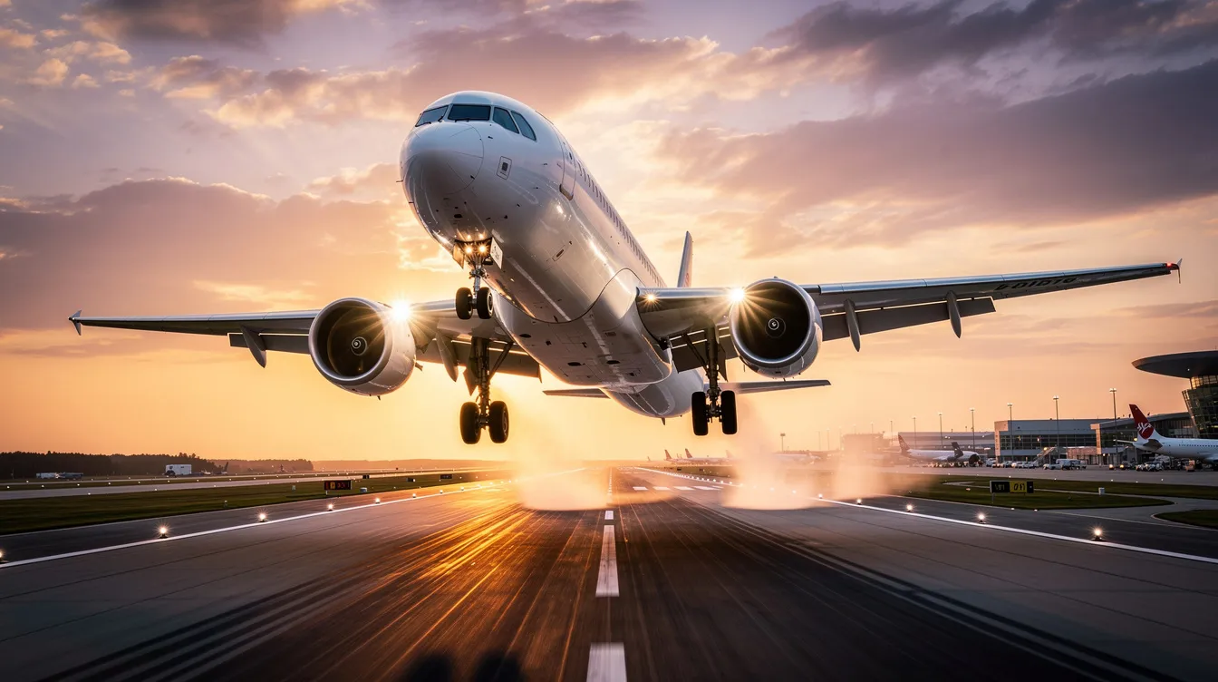 A jet airliner is taking off from the runway, showcasing its powerful engines as it gains speed, ready to reach its cruising speed of around 900 km/h. The scene captures the moment when the aircraft lifts off the ground, illustrating the impressive performance limits of commercial planes in flight.