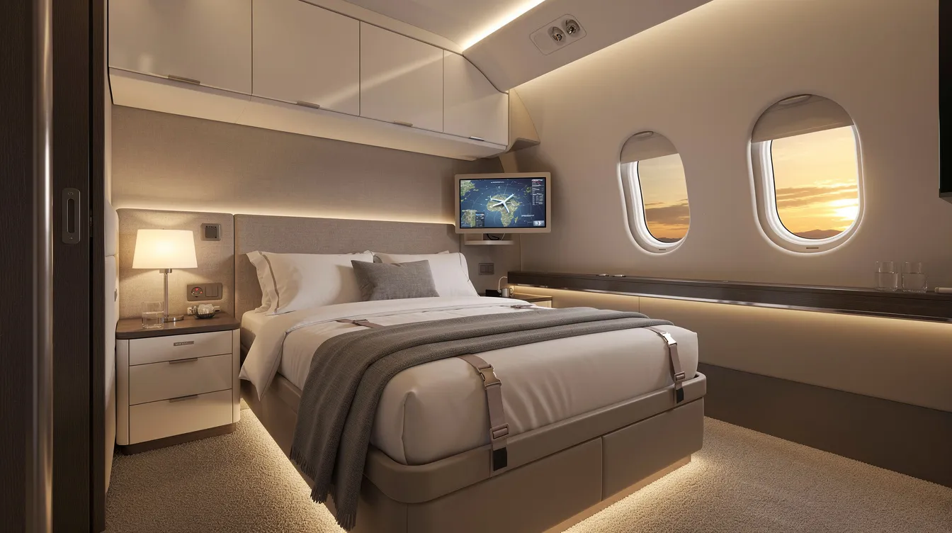 The image depicts a luxurious secret airplane bedroom designed for cabin crew, featuring two roomy sleeping berths with flat beds and heavy curtains for privacy. These sleeping quarters, often found on long haul flights, provide crew members with a comfortable rest area, complete with personal storage space and reading lights, ensuring they can recharge during their time on board.