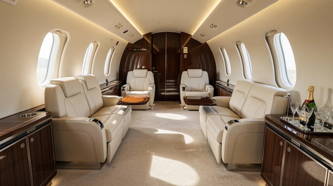 The image showcases a luxurious private jet interior featuring cream leather seating designed for comfort during long haul flights. The cabin exudes elegance with spacious seating arrangements that hint at the possibility of secret airplane bedrooms, offering passengers a high-end flying experience with ample personal storage space and privacy.
