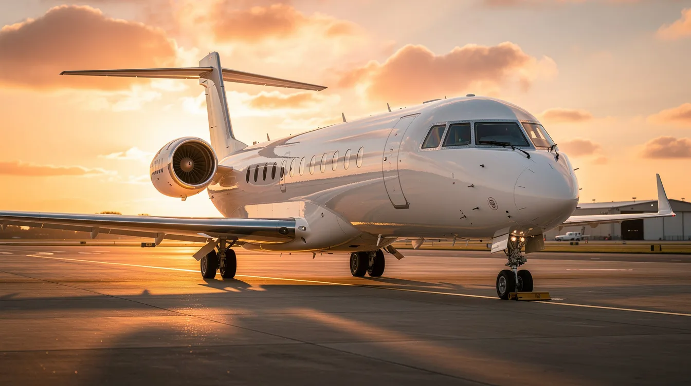A large white business jet is parked on the airport tarmac, with a vibrant sunset casting warm hues in the background. This scene highlights the appeal of aircraft ownership, which involves various ongoing costs such as maintenance, fuel, and storage expenses for aircraft owners.