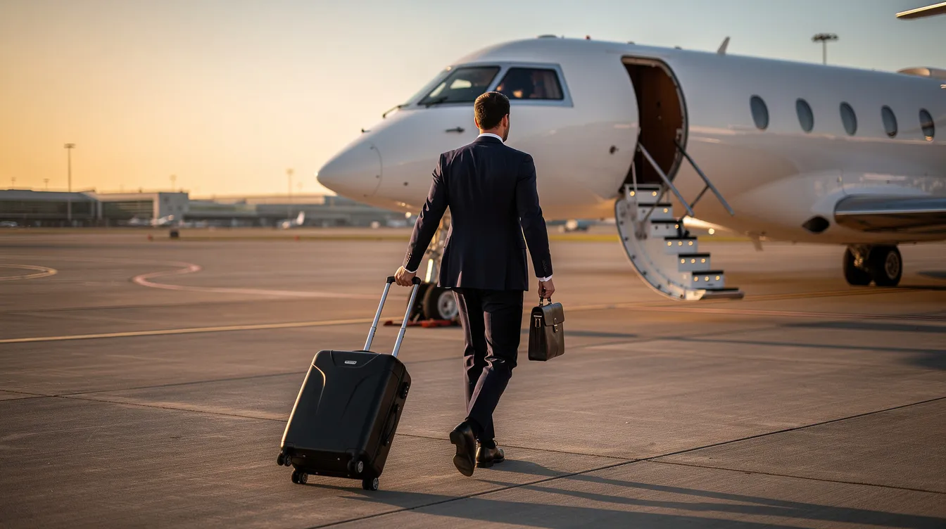 A well-dressed business traveler in a suit is walking confidently toward the stairs of a private jet at an airport, ready for a flight that may involve considerations of ownership costs and ongoing expenses associated with aircraft. The scene captures the essence of business travel, highlighting the luxury and efficiency of private aviation.