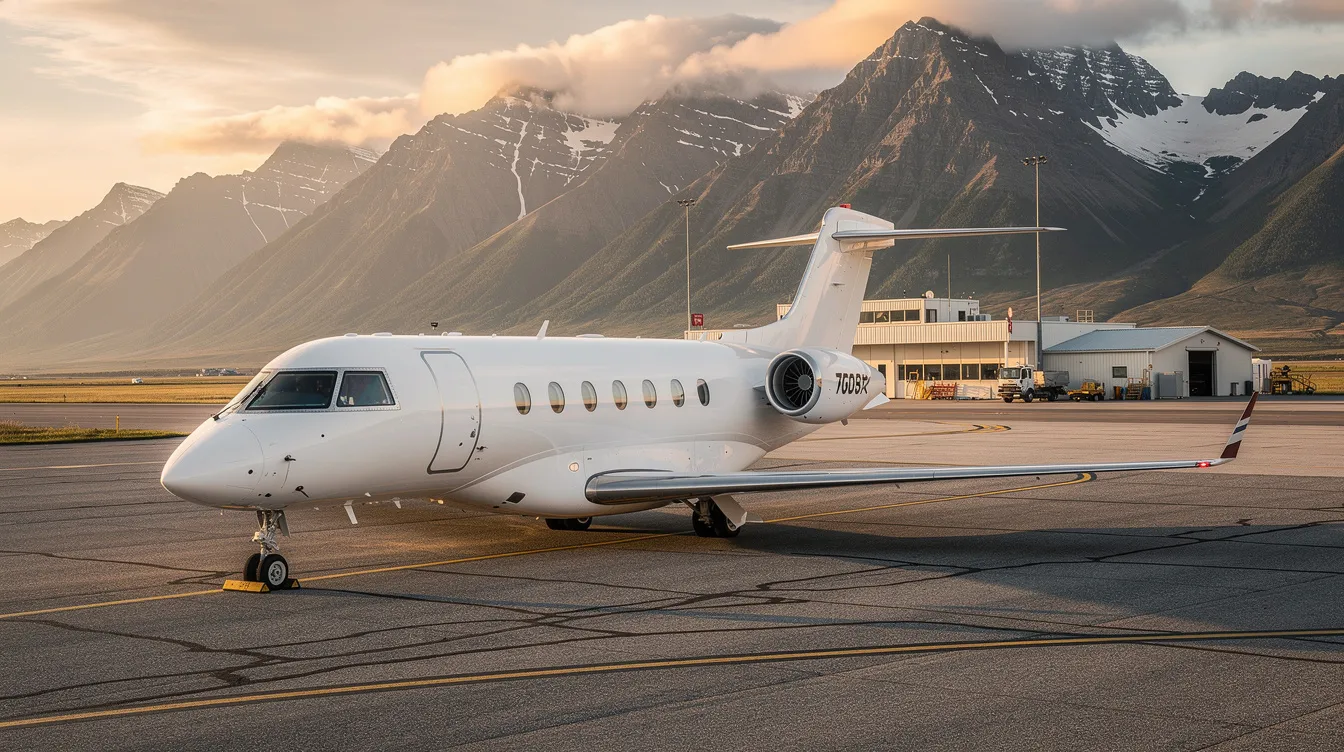 A sleek private jet, specifically a Bombardier Learjet model, is parked at a small regional airport with majestic mountains visible in the background. The aircraft, known for its efficiency and cabin comfort, represents the luxury of business aviation amidst a tranquil setting.