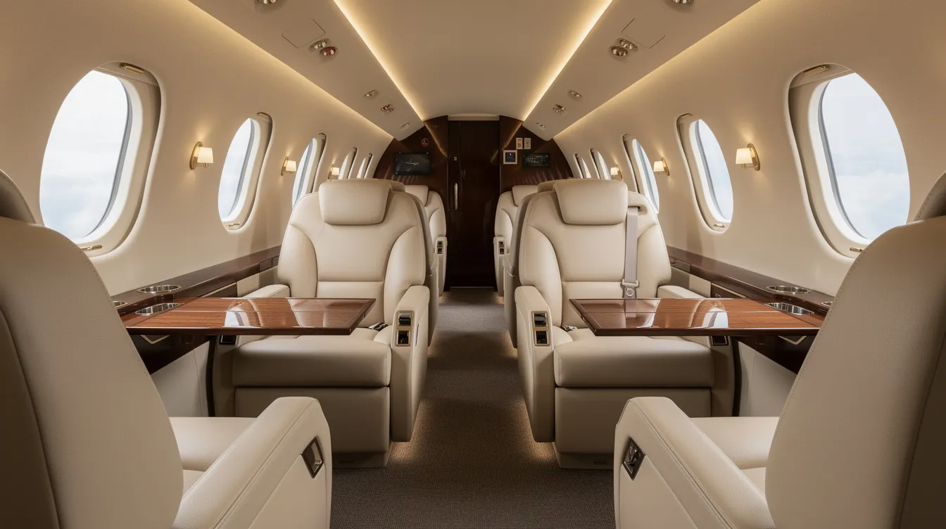The image depicts the interior of a luxurious private jet cabin featuring plush leather seats arranged in a club configuration, designed for optimal cabin comfort and passenger experience in business aviation. This elegant space reflects the sophistication and performance associated with the Bombardier Learjet line, offering a glimpse into the world of private jets.