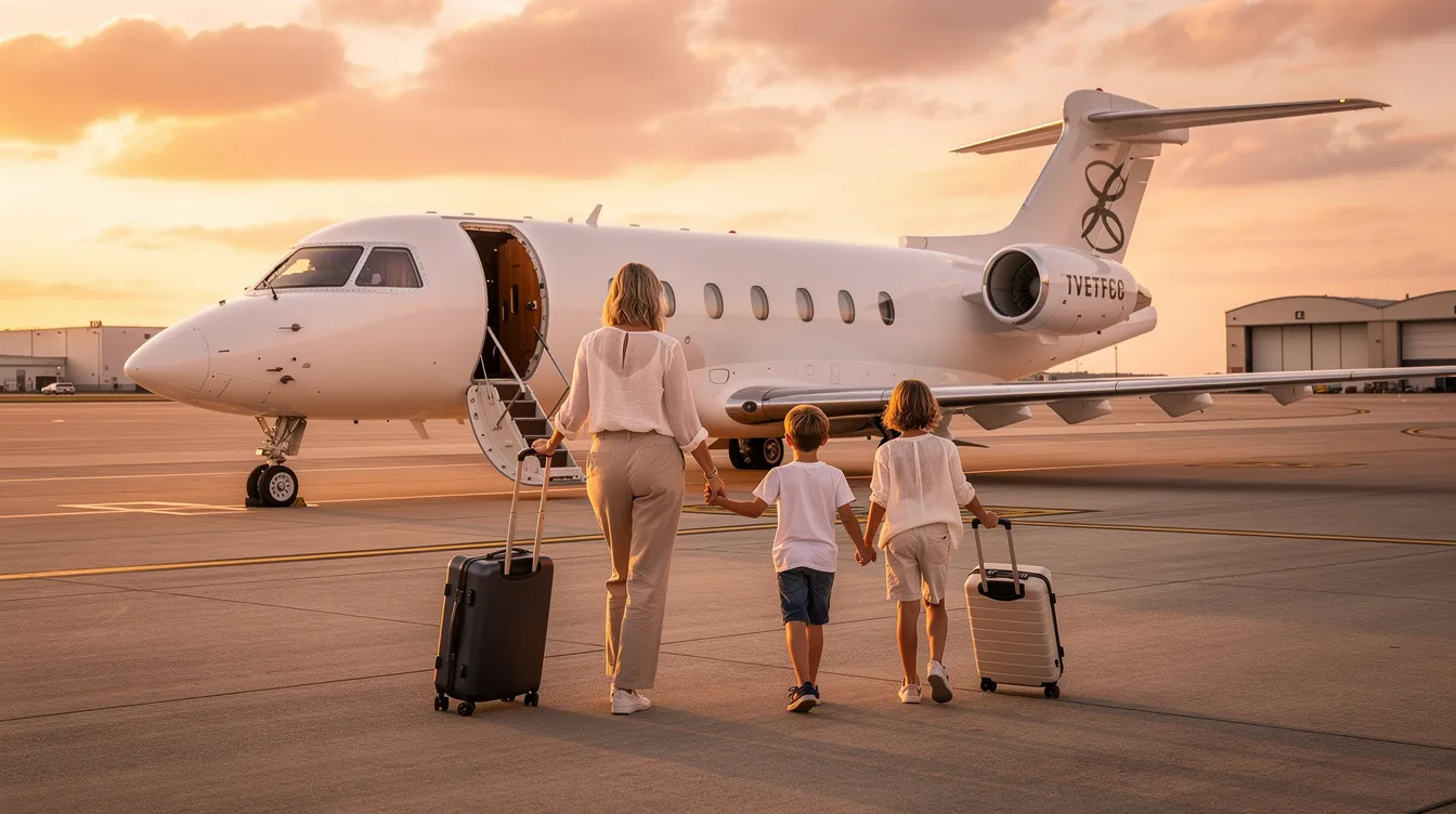 A family of four is walking toward a private aircraft on an airport tarmac, ready for their enjoyable family flying experience. The scene captures the excitement of family travel, with the aircraft offering significant cabin space and modern safety features for their upcoming vacation.