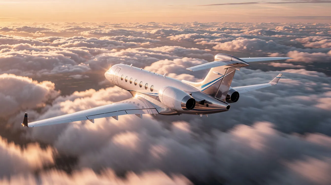 A sleek light jet aircraft is soaring above a blanket of fluffy white clouds, showcasing its modern design and efficient flying capabilities. This family-friendly airplane is ideal for families seeking comfort and safety during their travels, with enough space for up to four passengers.