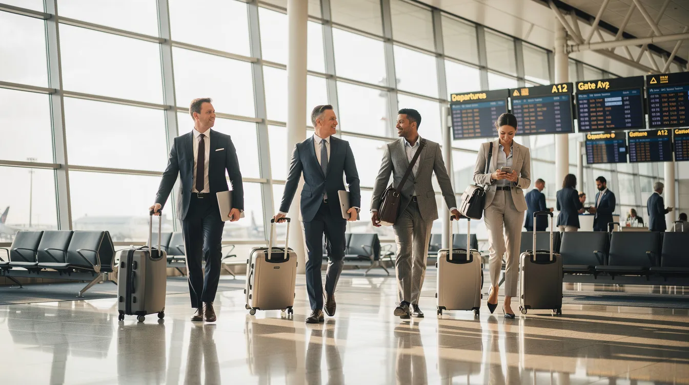 A group of business professionals in formal attire are walking through a modern airport terminal, each pulling luggage behind them. The bustling environment features sleek architecture and signage, indicative of a major transportation hub, likely in a city like San Francisco or Seattle.