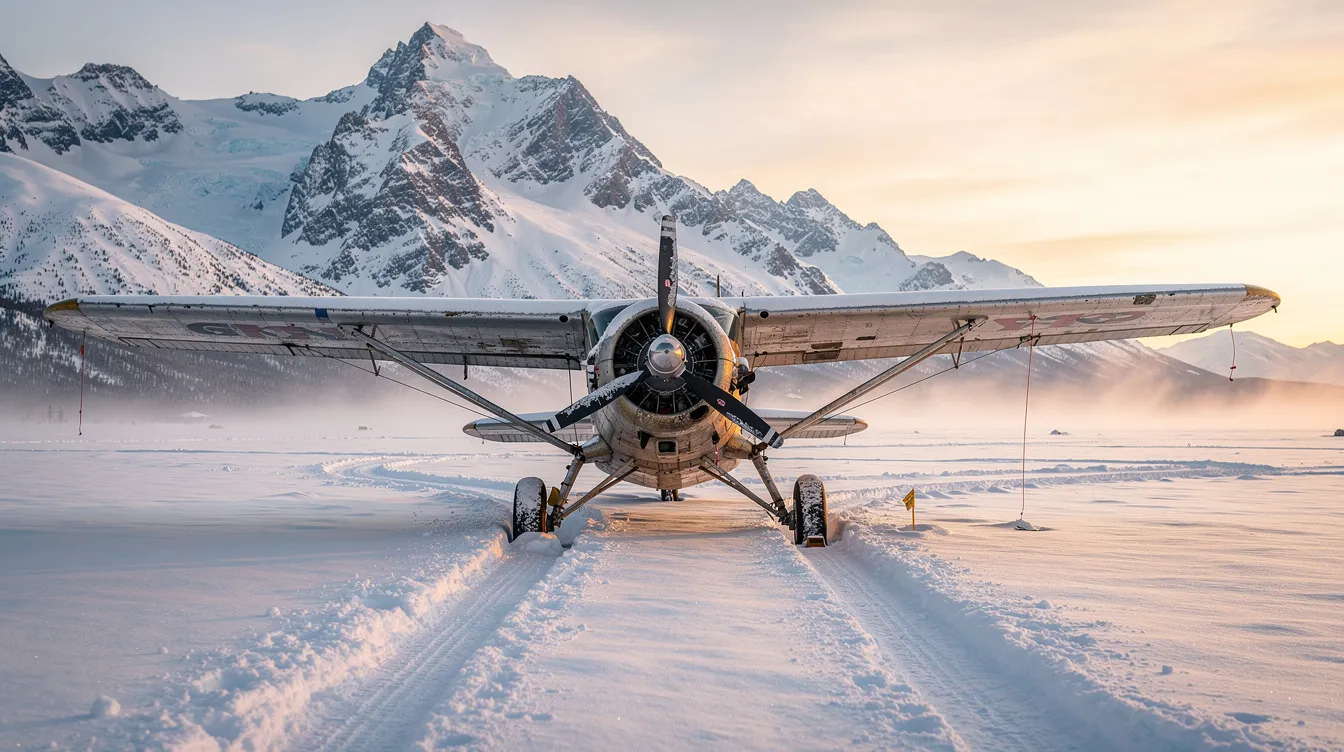 A vintage propeller aircraft sits on a snow-covered runway, surrounded by a stunning mountainous Alaskan landscape, evoking a sense of adventure and nostalgia for flying in the region. The scene captures the essence of air travel in Alaska, showcasing the beauty of its winter terrain.