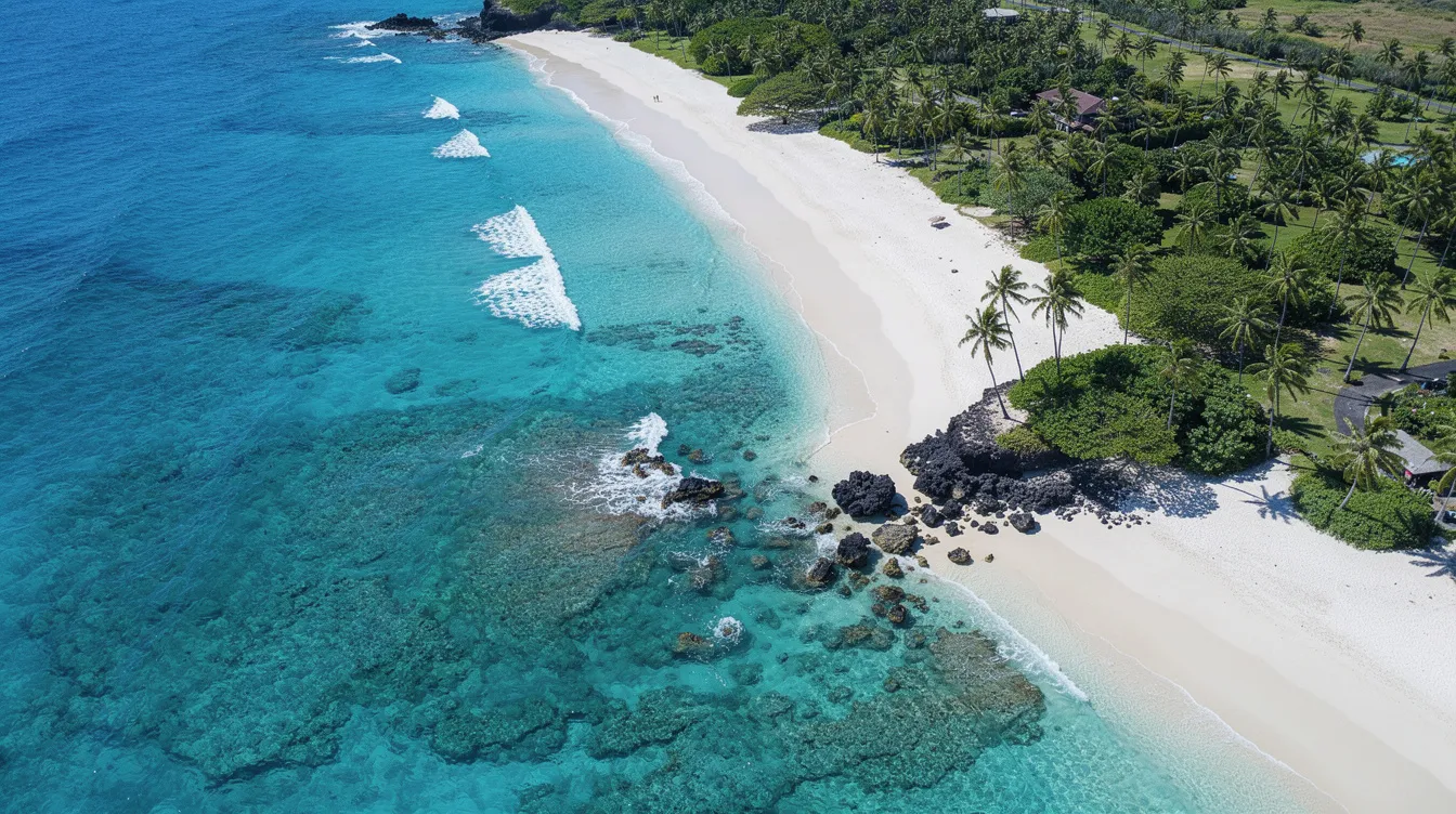 An aerial view captures the stunning turquoise coastline of Hawaii, featuring palm trees swaying gently above pristine white sand beaches. This picturesque landscape highlights the beauty of travel destinations often served by regional airlines like Hawaiian Airlines and their partners.