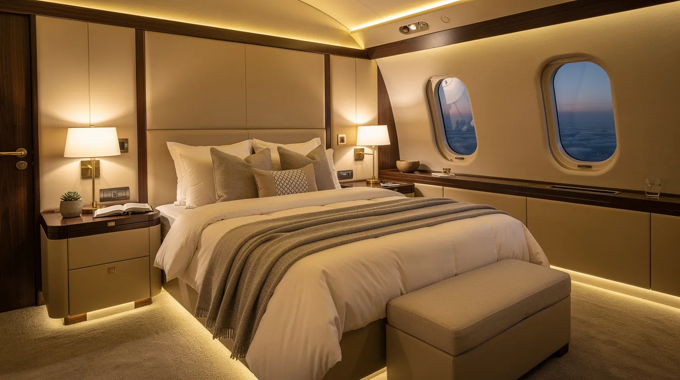 The image depicts a cozy private jet bedroom suite featuring ambient lighting and a comfortable double bed, designed for ultimate comfort during long haul flights. This luxurious space offers high-quality bedding and a private bathroom, ensuring restful sleep for passengers in the world of private aviation.