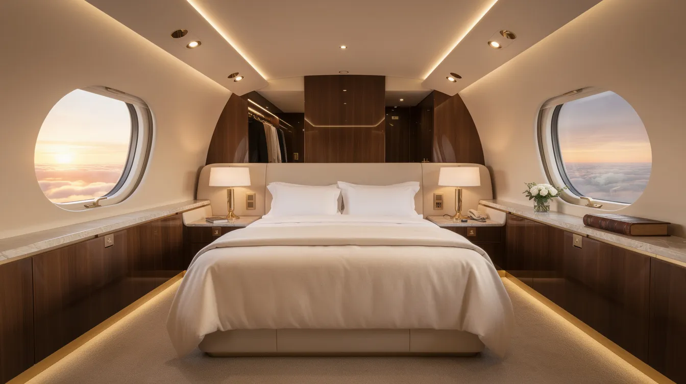 The image showcases a luxurious private jet bedroom featuring a spacious interior with a king-size bed, high-quality bedding, and large windows that offer stunning views of the sky. This master suite is designed for ultimate comfort, ensuring restful sleep during long haul flights, complete with an en suite bathroom and adjustable lighting for a personalized in-flight experience.