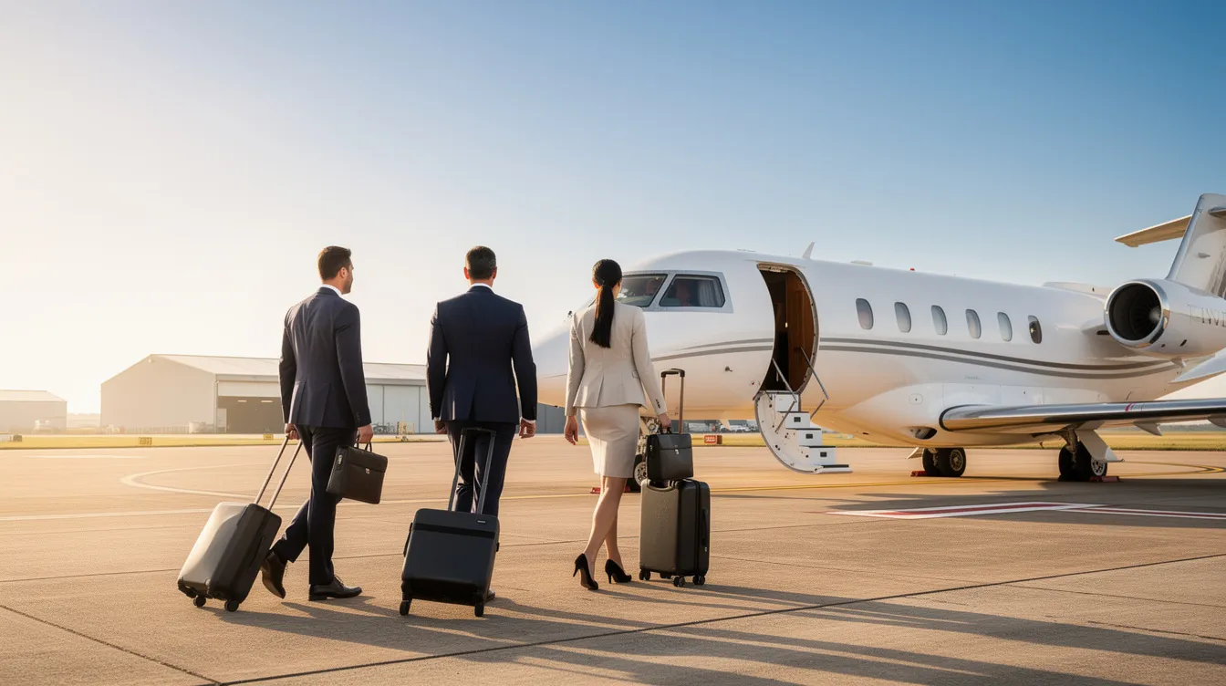 A group of business travelers is walking towards a private jet on a sunny tarmac, ready to embark on their journey. The scene captures the essence of private aviation, highlighting the convenience and luxury of private jet charters at an international airport.