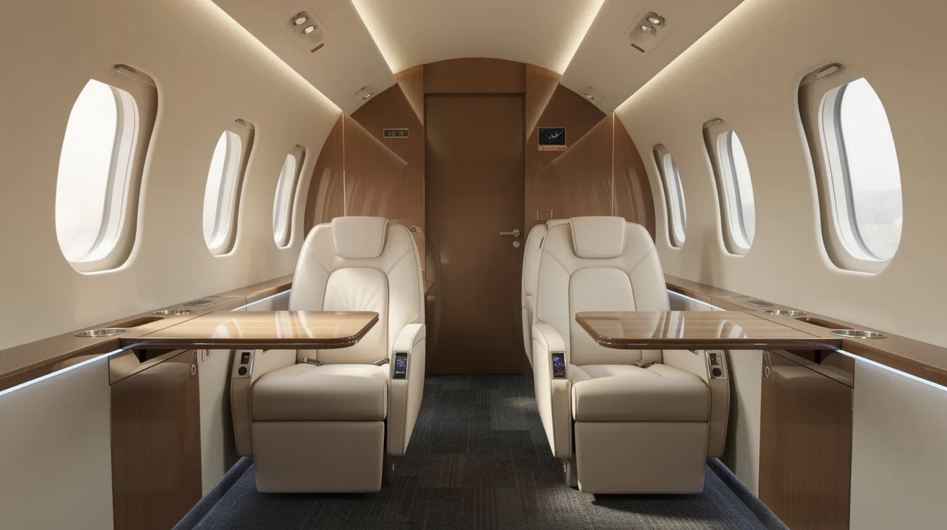 The image depicts the luxurious interior of a private jet, featuring plush leather seats and modern ambient lighting that enhances the spacious cabin atmosphere. This elegant setting is designed for business travelers seeking comfort and style during their private jet travel experience.