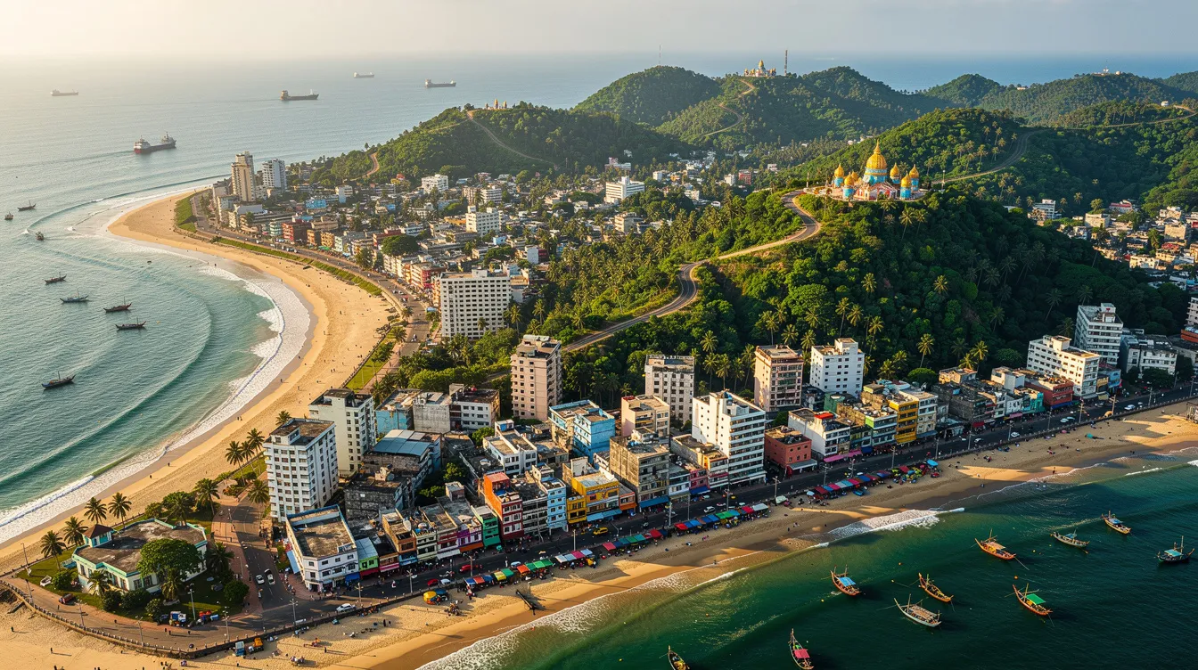 An aerial view captures a vibrant coastal Indian city, showcasing sandy beaches and lush green hills that frame the landscape. This picturesque scene highlights the potential for private jet travel to nearby destinations, including options for private jet charters from major international airports like Indira Gandhi International Airport.
