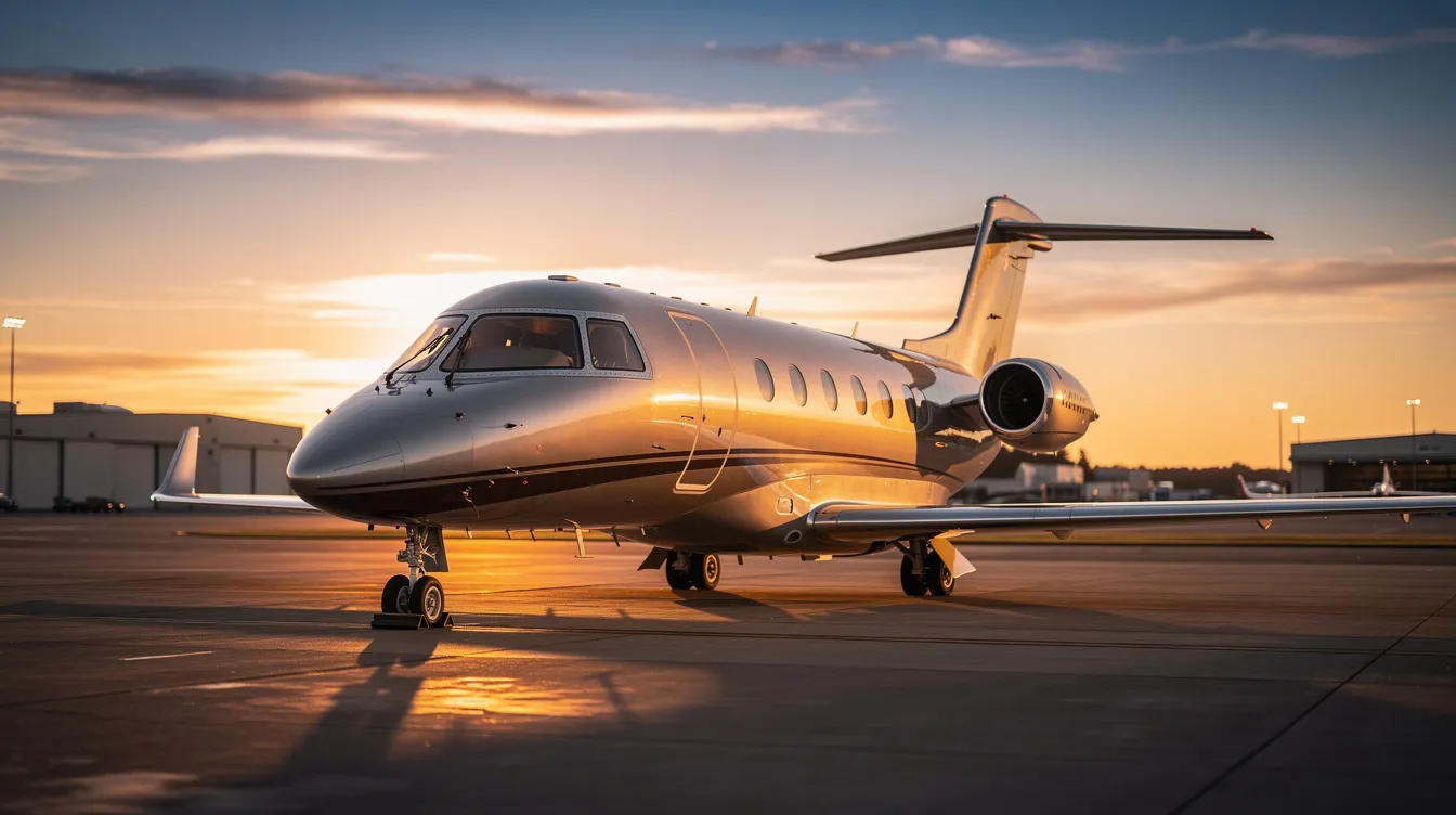 A light jet aircraft is parked at sunset, with golden light reflecting off its sleek fuselage, showcasing the beauty of private aviation. The serene scene highlights the elegance of private jet travel, perfect for those considering private jet charter options.