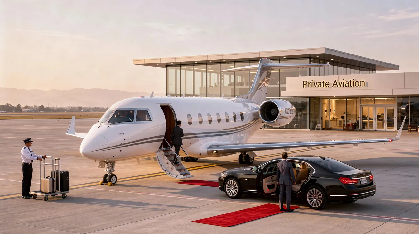The image depicts a sleek private jet parked on a tarmac, showcasing the luxury of private aviation. This scene highlights the convenience of private jet travel, appealing to business and leisure travelers seeking efficient transportation options.