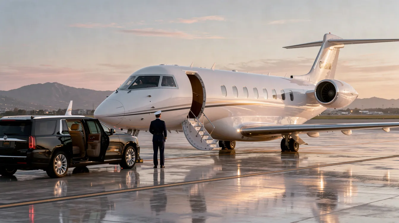 The image depicts a sleek private jet parked on a tarmac, showcasing the luxury of private aviation. This scene highlights the convenience of private jet travel, appealing to business and leisure travelers seeking efficient transportation options.