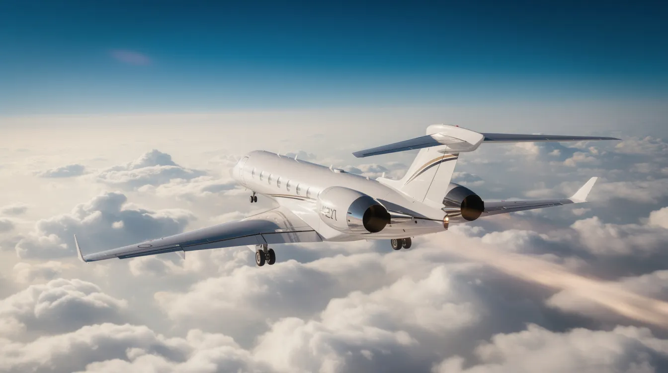 A Bombardier Learjet 40XR business jet soars above a blanket of fluffy white clouds at high altitude, showcasing its aerodynamic design and impressive performance. The aircraft is designed for six passengers, featuring a spacious cabin with two forward facing seats and a refreshment center, ideal for comfortable travel in the competitive private jet market.