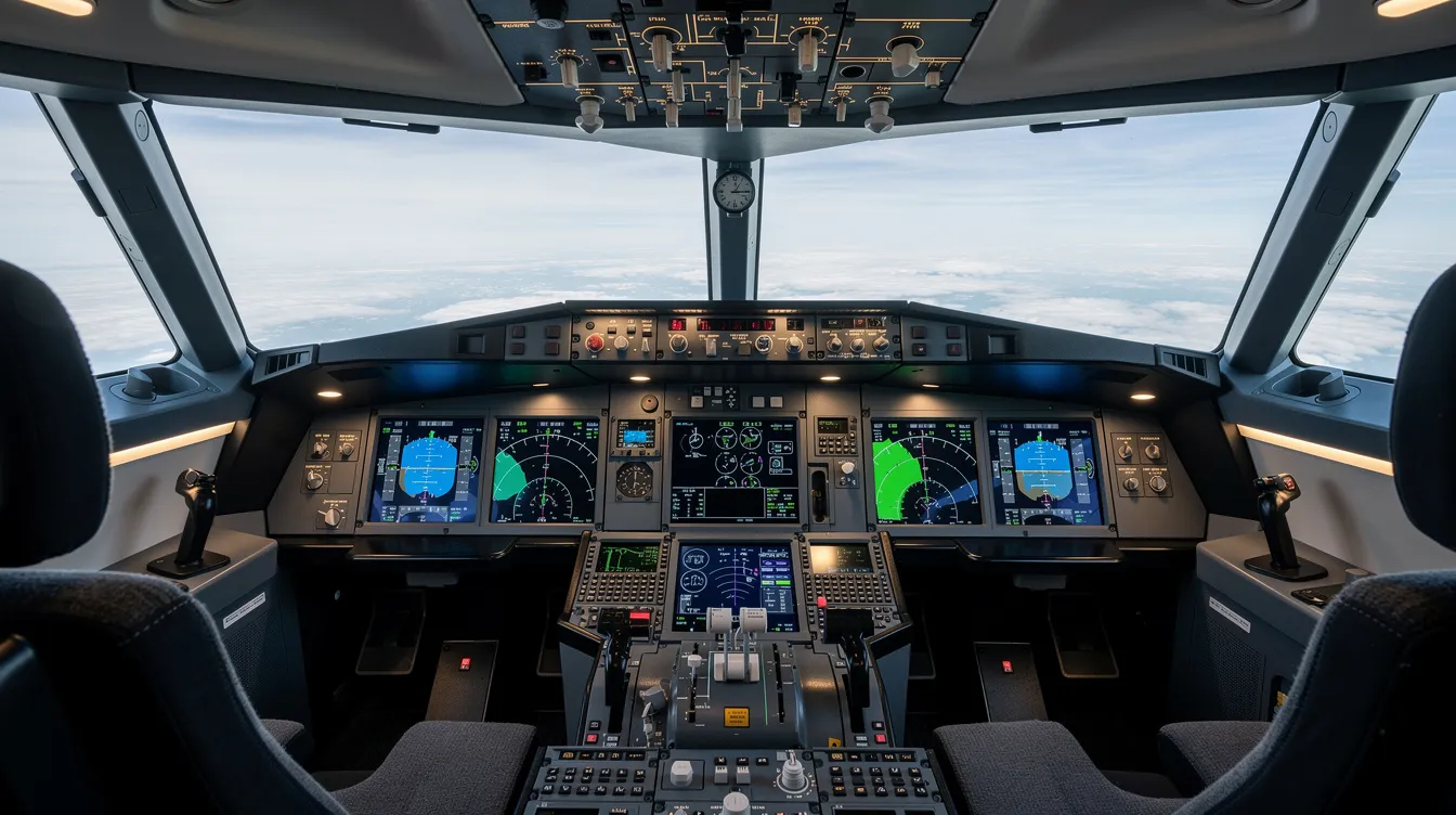 The image features a modern aircraft cockpit equipped with advanced digital displays and control panels, showcasing the high-tech avionics of the Bombardier Learjet 70. The cockpit design emphasizes performance and comfort for six passengers, highlighting the powerful engines and efficient configuration of this private jet.