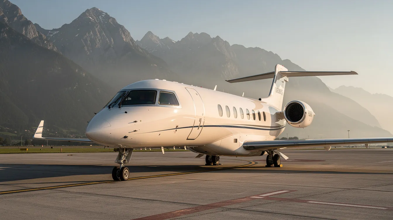 A sleek Bombardier Learjet 70 is parked on the tarmac, showcasing its modern design and powerful engines, with majestic mountains visible in the background. This business jet, capable of accommodating six passengers, highlights the luxury and performance of private jets.