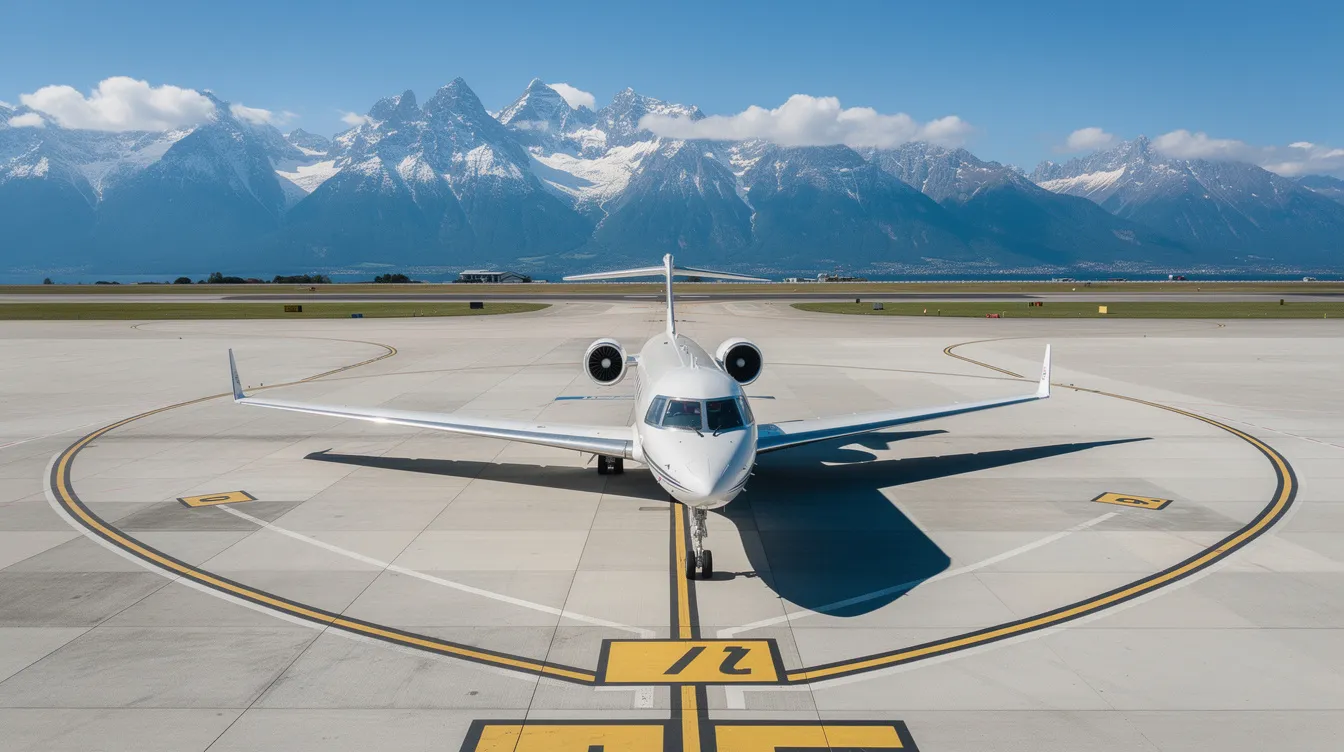 An aerial view captures a sleek white Bombardier Learjet 75 parked on an airport tarmac, with majestic mountains rising in the background. The image highlights the jet's aerodynamic design and canted winglets, emphasizing its status as a premium business aircraft in the world of private jets.