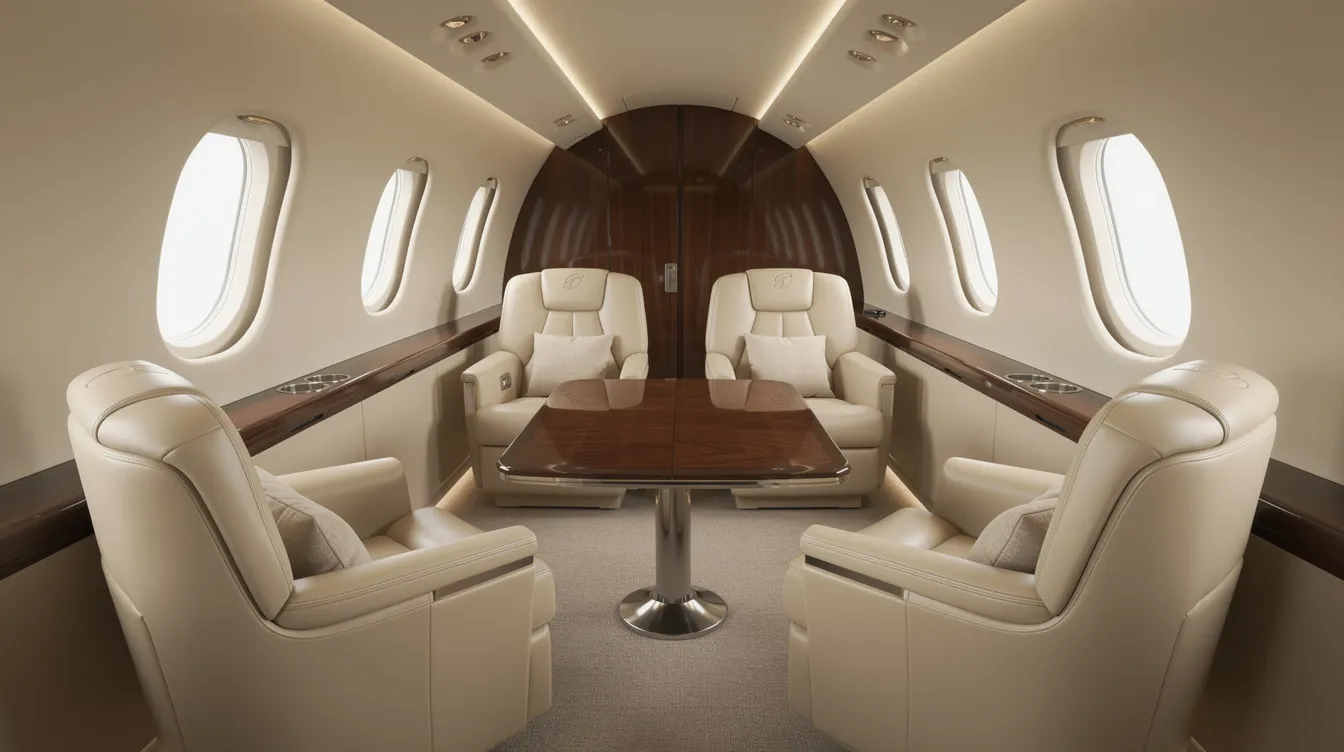 The image depicts the luxurious interior of a private jet, featuring cream leather seats arranged in a club configuration, providing a spacious and comfortable environment for passengers. The design emphasizes elegance and functionality, typical of business aviation, ideal for those seeking the comfort of a Bombardier Learjet 75.