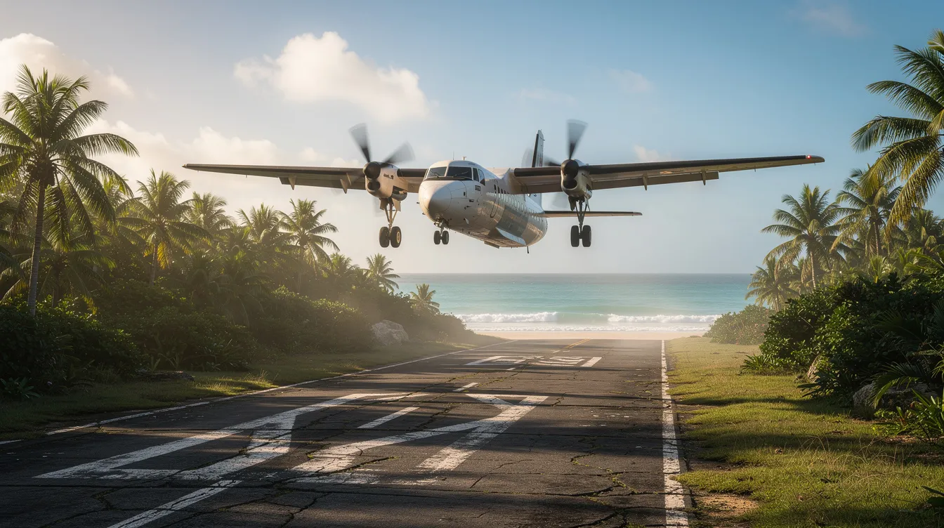 A Cessna Grand Caravan turboprop aircraft is landing on a short tropical airstrip, surrounded by lush greenery and overlooking the ocean. This reliable single-engine aircraft is ideal for accessing remote locations, making it a popular choice for private jet charters and cargo transport.
