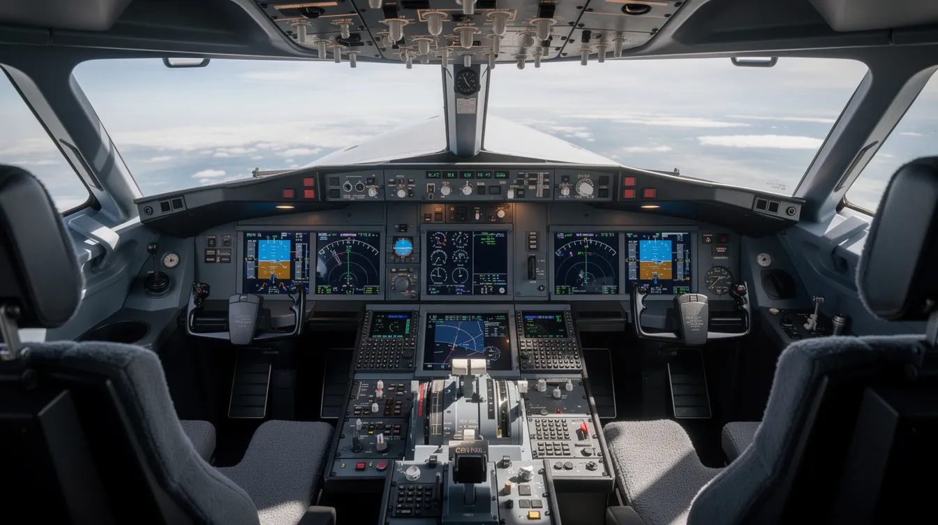 The image depicts a modern aircraft cockpit, featuring advanced digital displays and pilot controls designed for maximum efficiency in business aviation. The flight deck showcases a dual head-up display and active control sidesticks, emphasizing the high-tech environment of a Gulfstream aircraft, ideal for enhancing flight safety and performance.