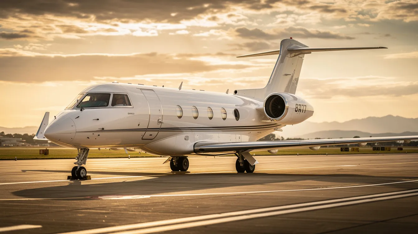 The image showcases a sleek Gulfstream G700 private jet, featuring a spacious cabin with abundant natural light and a design that prioritizes cabin comfort. The aircraft is equipped with advanced flight systems, including a dual head-up display and a combined vision system, reflecting its status as one of the world's longest range business aircraft.
