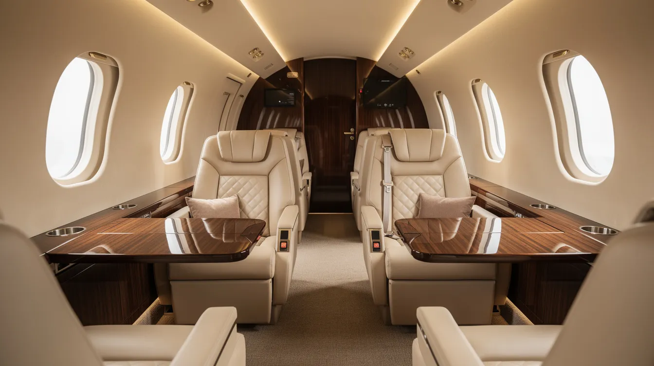 The image showcases a luxurious aircraft cabin interior featuring cream leather seats and elegant wood accents, designed for maximum comfort in business aviation. Abundant natural light floods the spacious cabin, highlighting its sophisticated design typical of a Gulfstream aircraft.
