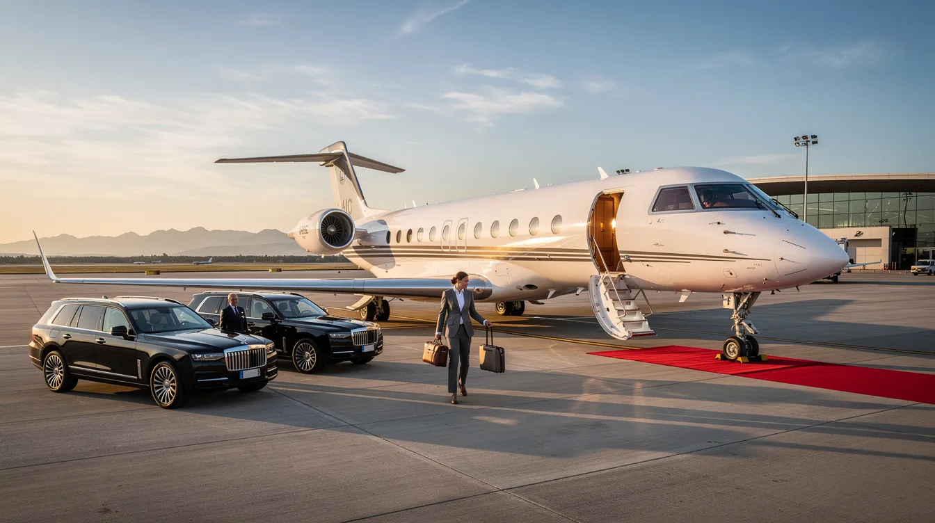 The image depicts a sleek private jet parked at Eppley Airfield in Omaha, Nebraska, ready for passengers to embark on their private jet flight. This luxurious aircraft exemplifies personalized service and access to popular destinations, catering to discerning clients and business travelers.