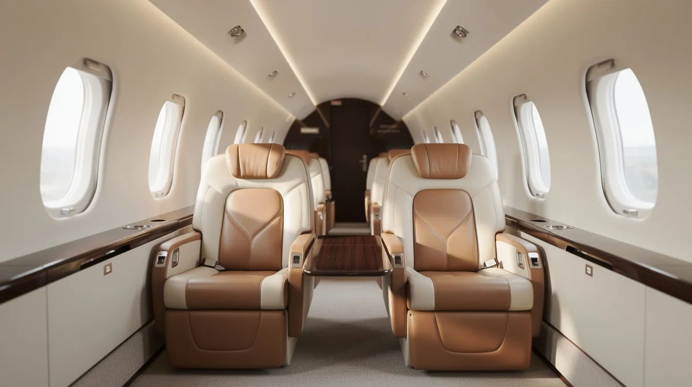 The image depicts the interior of a modern private jet cabin featuring luxurious leather seats, designed for comfort and style. This elegant space emphasizes personalized service for discerning clients, making it ideal for private jet travel and charter flights from Omaha area airports.