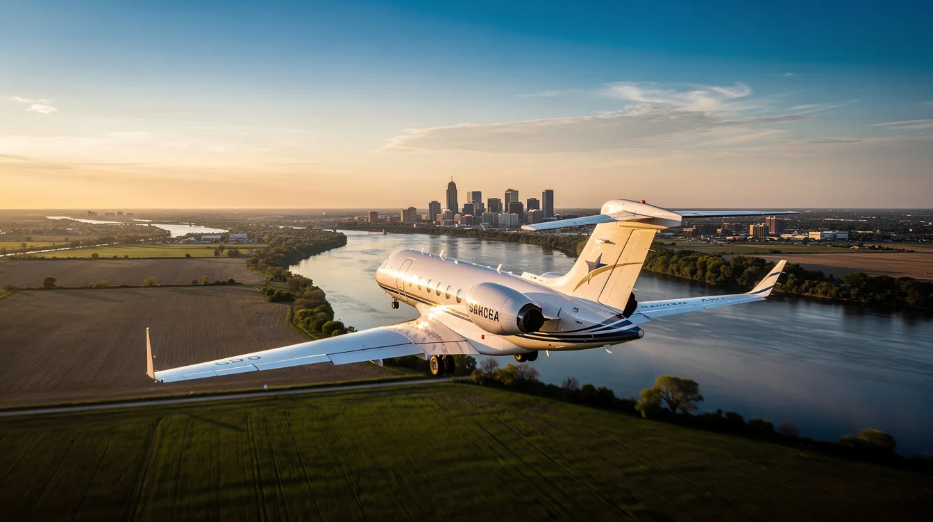 A luxurious private jet is ready for departure at Eppley Airfield, with sleek design and spacious seating, catering to discerning clients traveling to Omaha, Nebraska. This private jet flight offers personalized service and quick access to popular destinations, ensuring a comfortable journey for business travelers and leisure seekers alike.