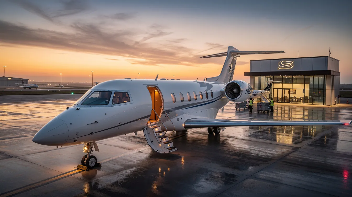 The image showcases a sleek private jet parked at a luxurious airport, symbolizing the convenience of private jet charter services for travelers flying from Houston to Dallas. It highlights the elegance of private aviation, offering top-notch service and an exceptional travel experience.
