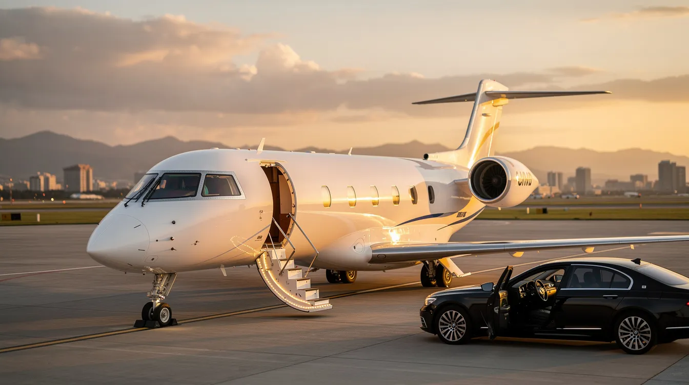 The image depicts a sleek private jet on the tarmac, ready for a charter flight from Houston to Dallas, showcasing the luxury of private aviation. The aircraft is surrounded by ground transportation options, emphasizing convenience and top-notch service for travelers seeking an elevated travel experience.