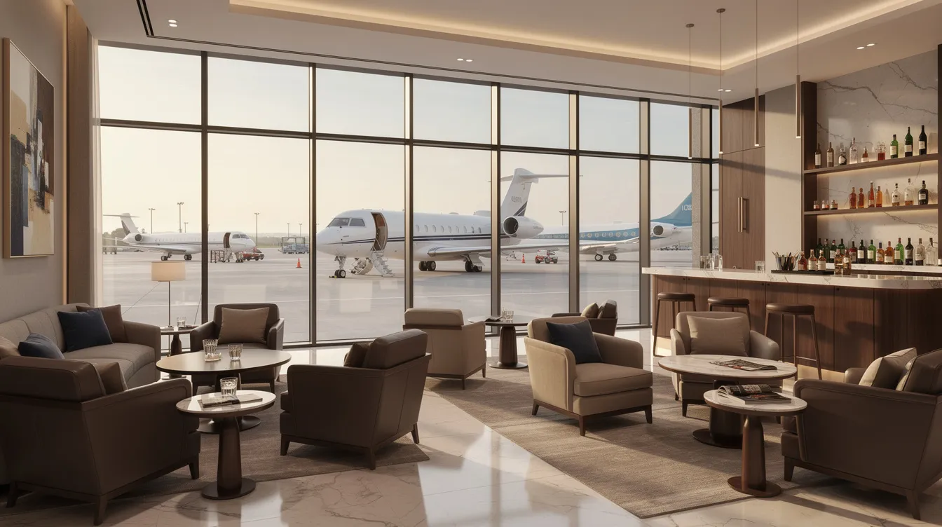 The image depicts the interior of a luxurious private aviation lounge, featuring comfortable seating and large windows that provide a view of parked aircraft, ideal for travelers preparing for their private jet flights from Houston to Dallas. The space is designed for relaxation, emphasizing a top-notch service experience in private aviation.