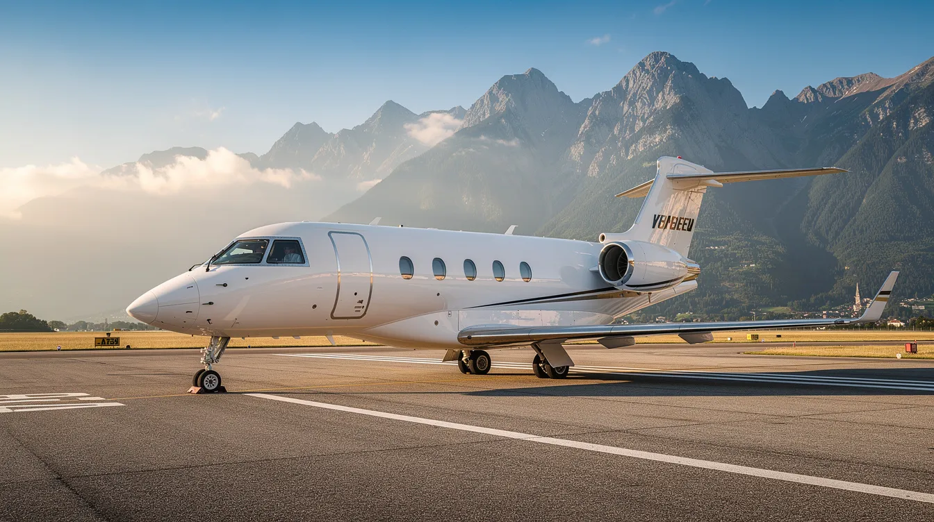 A sleek private jet, resembling a Gulfstream model, is parked on a runway with majestic mountains in the background. The aircraft features a bespoke interior and is designed for high performance, reflecting the latest in business jet design and technology.