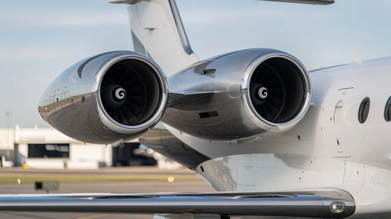 A close-up view of twin jet engines mounted on the rear of a Gulfstream business aircraft, showcasing the sleek design and engineering of the engines that provide high takeoff thrust and cruise speed. The image highlights the aircraft's performance capabilities, essential for long-range flights and optimal operational efficiency.
