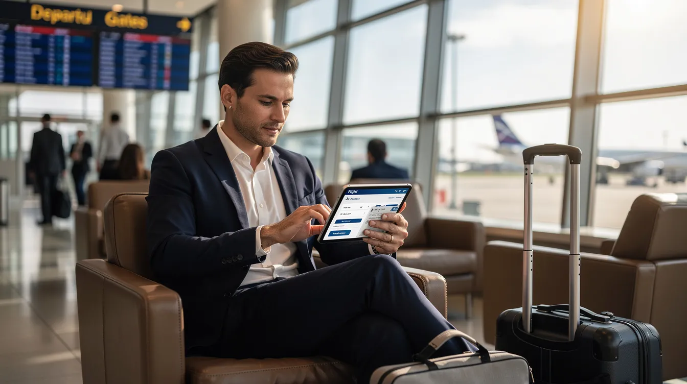 A business professional is sitting at a sleek desk, focused on a tablet as they book travel arrangements for a private jet charter. The scene emphasizes the importance of convenience and efficiency in international travel, possibly considering options like the Gulfstream G550 for its maximum range and passenger capacity.