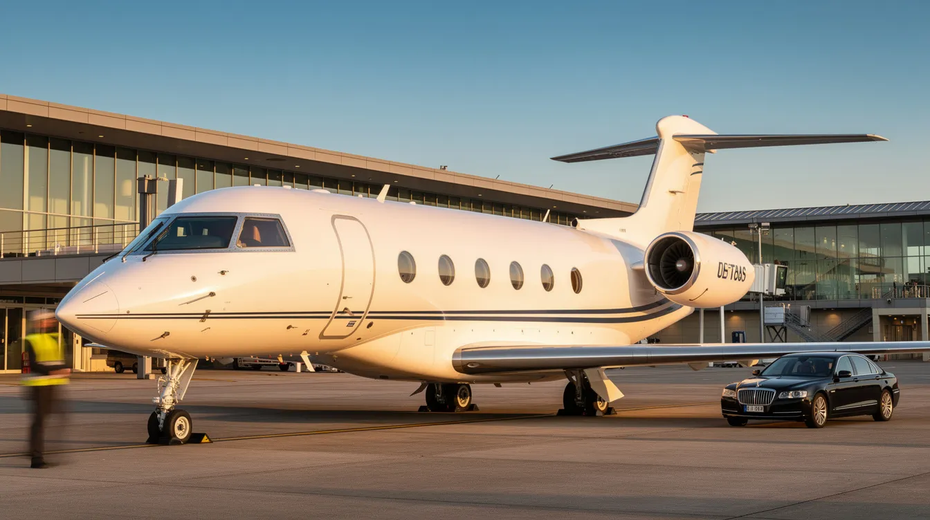 The image showcases a sleek Gulfstream G550 private jet, highlighting its luxurious cabin designed for maximum comfort and natural light. This ultra long range business jet is equipped with key features such as spacious cabin dimensions, ample baggage space, and the capability to fly non-stop for up to 6,750 nautical miles, making it ideal for international travel and charter flights.