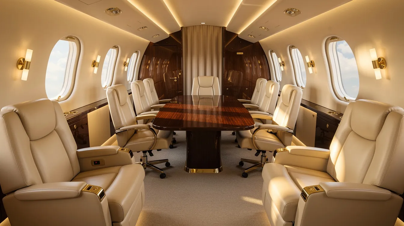 The image depicts a luxurious private jet cabin interior featuring plush leather seating arranged around a sleek conference table, allowing for maximum comfort and functionality during flights. Natural light floods the space, highlighting the elegant design, which is characteristic of aircraft like the Gulfstream G550, known for its spacious cabin dimensions and high passenger capacity.