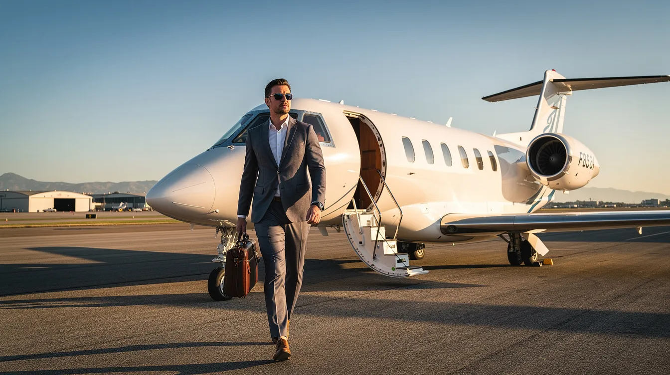 A professional traveler is boarding a small private aircraft on a sunny tarmac, ready for a flight in a four-seat airplane. The light aircraft features excellent visibility and is a popular choice among aviation enthusiasts for its balance of performance and operating cost.