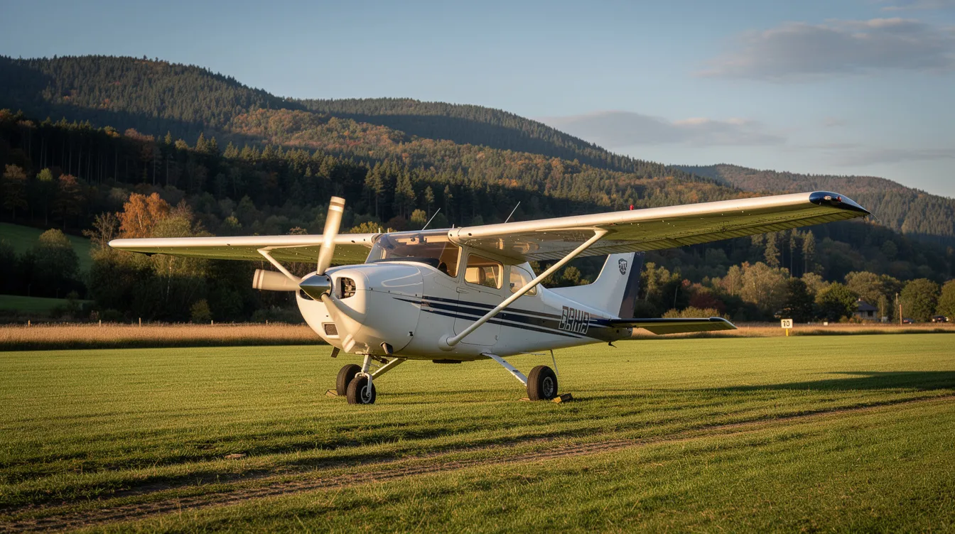 A high-wing Cessna-style light aircraft is parked on a grassy airstrip, surrounded by forested hills in the background. This four-seat airplane, popular among aviation enthusiasts, offers excellent visibility and is ideal for training and private owners looking for a reliable aircraft with a low operating cost.