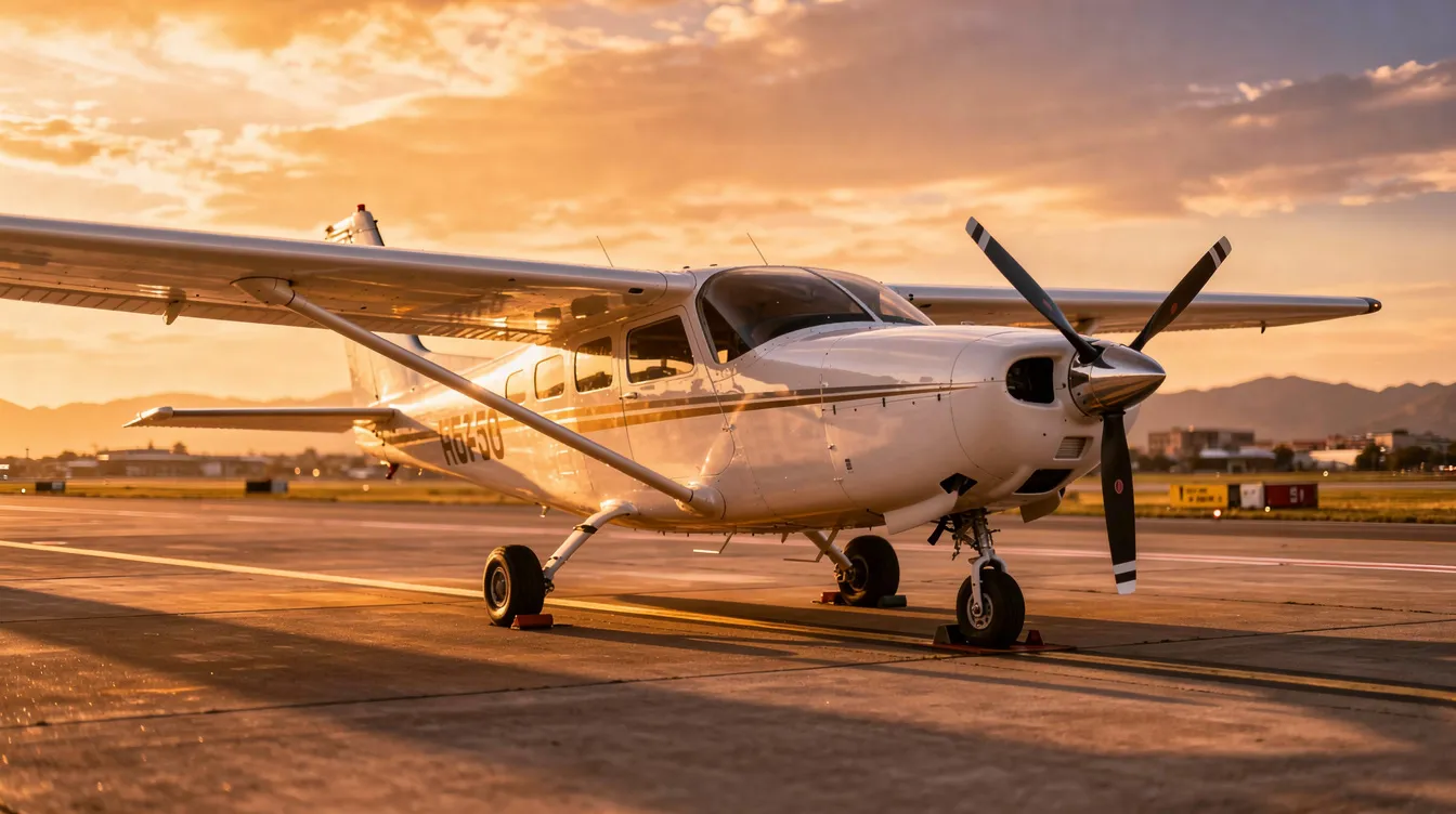 A small private aircraft, likely a four-seat model, is parked on the tarmac at sunset, bathed in golden light. The scene captures the essence of general aviation, showcasing the aircraft's sleek design and inviting cabin, perfect for aviation enthusiasts and private owners alike.