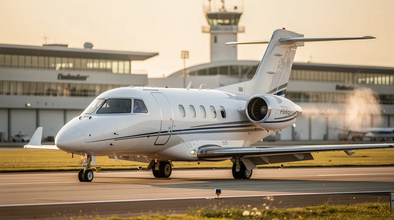 The image features a Cessna 550 Citation Bravo, a light business jet known for its fuel efficiency and modern avionics. It can accommodate up to eight passengers and is designed for single pilot operation, showcasing a sleek fuselage and powerful engines.