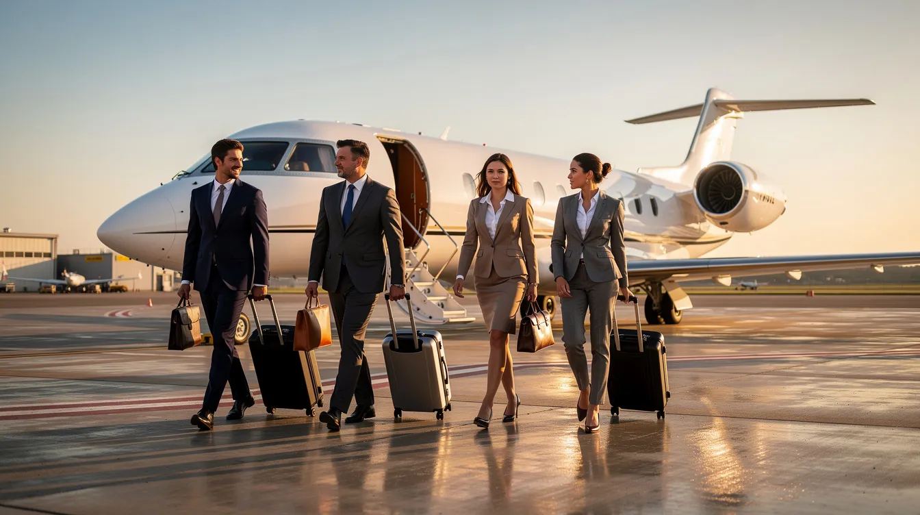 A group of business travelers is walking towards a Cessna 550 Citation Bravo jet on the tarmac, ready for their flight. The private jet, known for its fuel efficiency and modern avionics, is designed to accommodate up to eight passengers in a comfortable cabin.