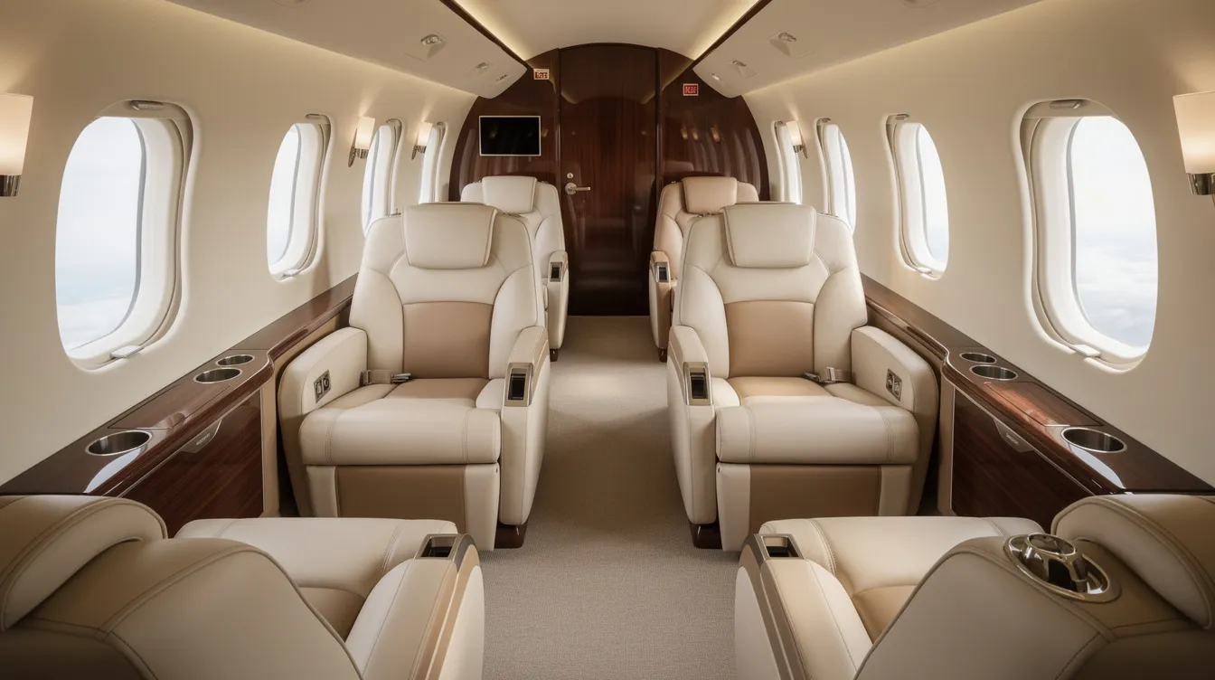 The image depicts the luxurious interior of a private jet cabin, featuring a sophisticated leather club seating arrangement designed for comfort. This spacious setting can accommodate up to eight passengers, showcasing the elegance typical of a Cessna Citation Bravo business jet.