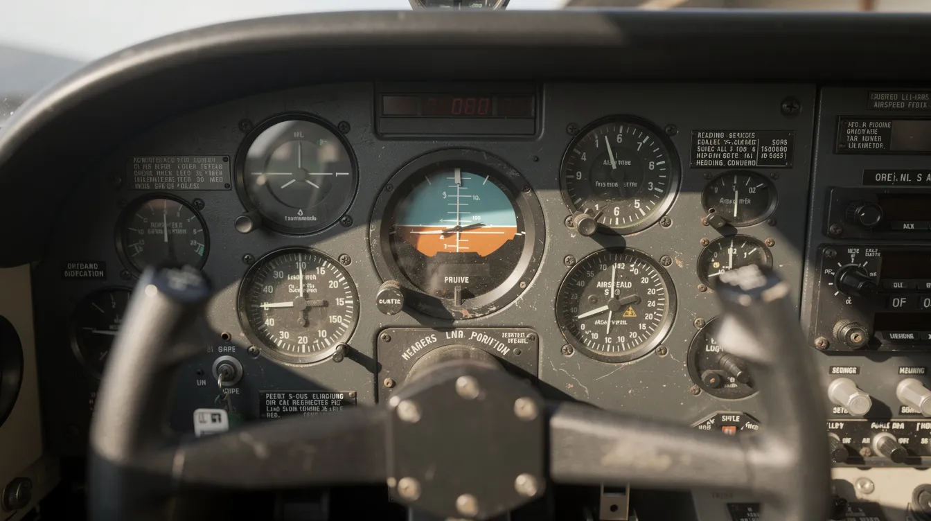 The image shows a close-up view of an analog aircraft cockpit, featuring round gauges and a control yoke, typical of Cessna aircraft. Key elements like the instrument panel and the center console are visible, showcasing the straightforward design that pilots appreciate for its simplicity during flight.