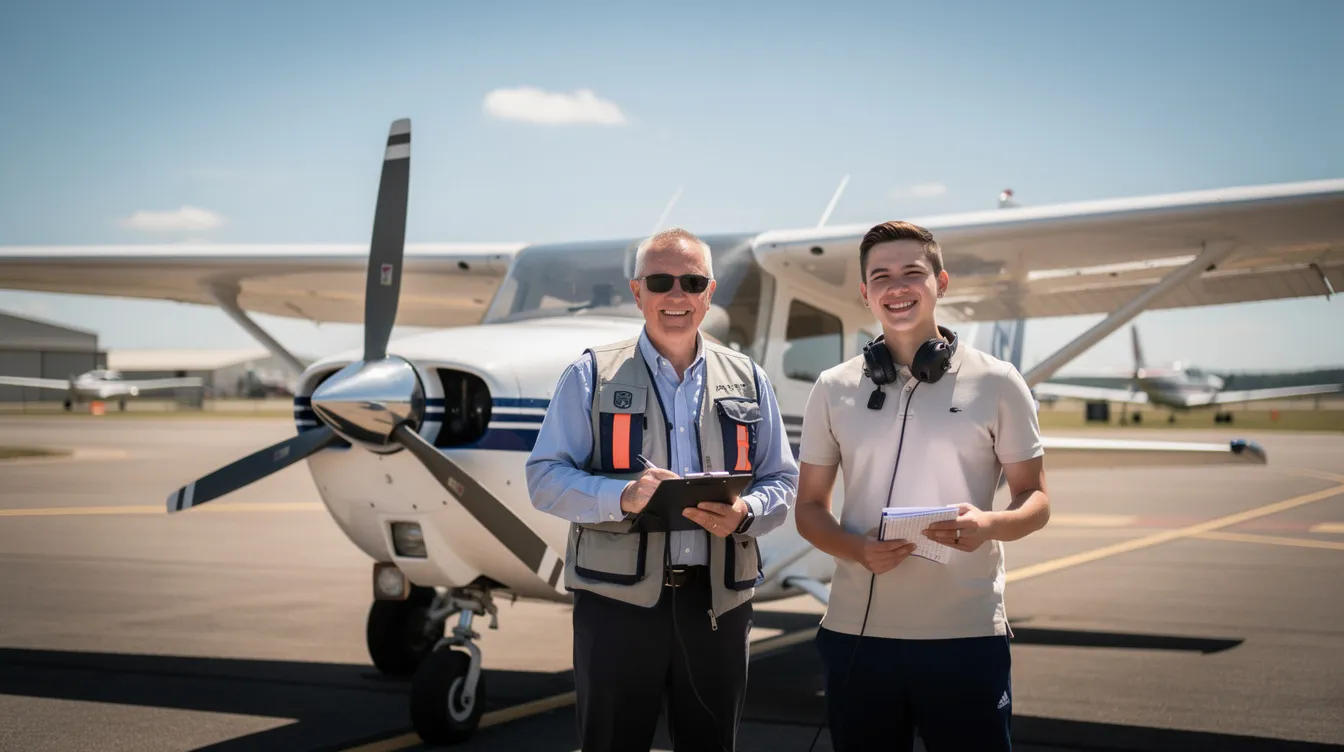 A student pilot and flight instructor stand beside a Cessna aircraft on a sunny day, highlighting the aircraft's all-metal fuselage and straight tail design. The scene captures the excitement of flight training, with the plane's landing gear and wing struts visible in the background.
